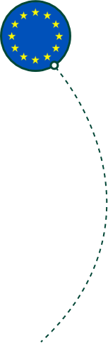 Oo-marketing-flag-eu - Open Opportunities European union flag in a dark green circle with a dotted line curving downwards from the circle. Decoration to indicate the contents of the Open Opportunities database.